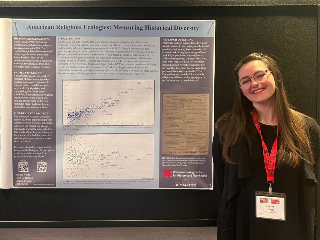 Rae Whyte standing in front of her poster at the American Historical Association&rsquo;s annual meeting 